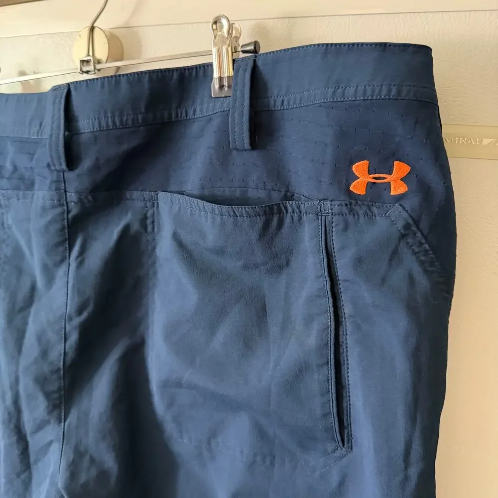 UA Under Armour Mens Size 42 Casual Shorts Flat Front Blue Orange Stretch Pocket